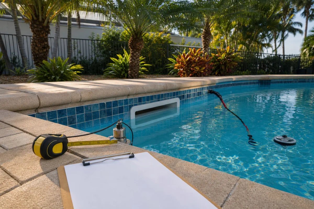 Lakeland pool equipment and deck access context for scheduling leak detection